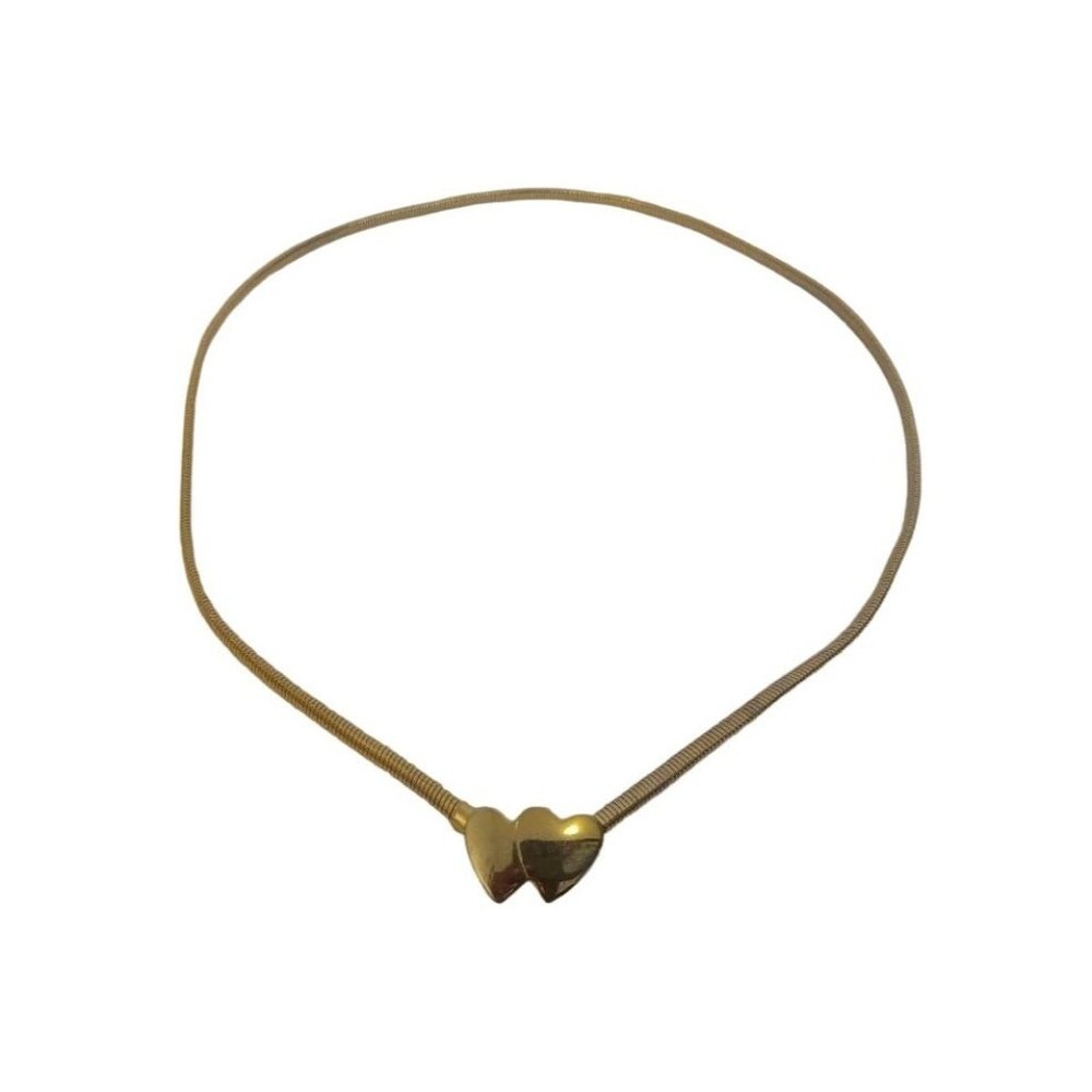 Gold Tone Double Heart Belt Women 27 L Stretchy Skinny Disco Glam Hook Clasp